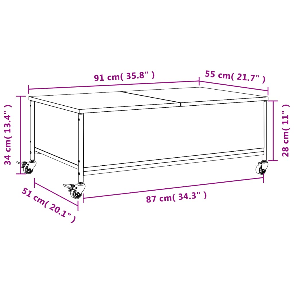 Mesa de centro con ruedas madera ingeniería gris 91x55x34 cm