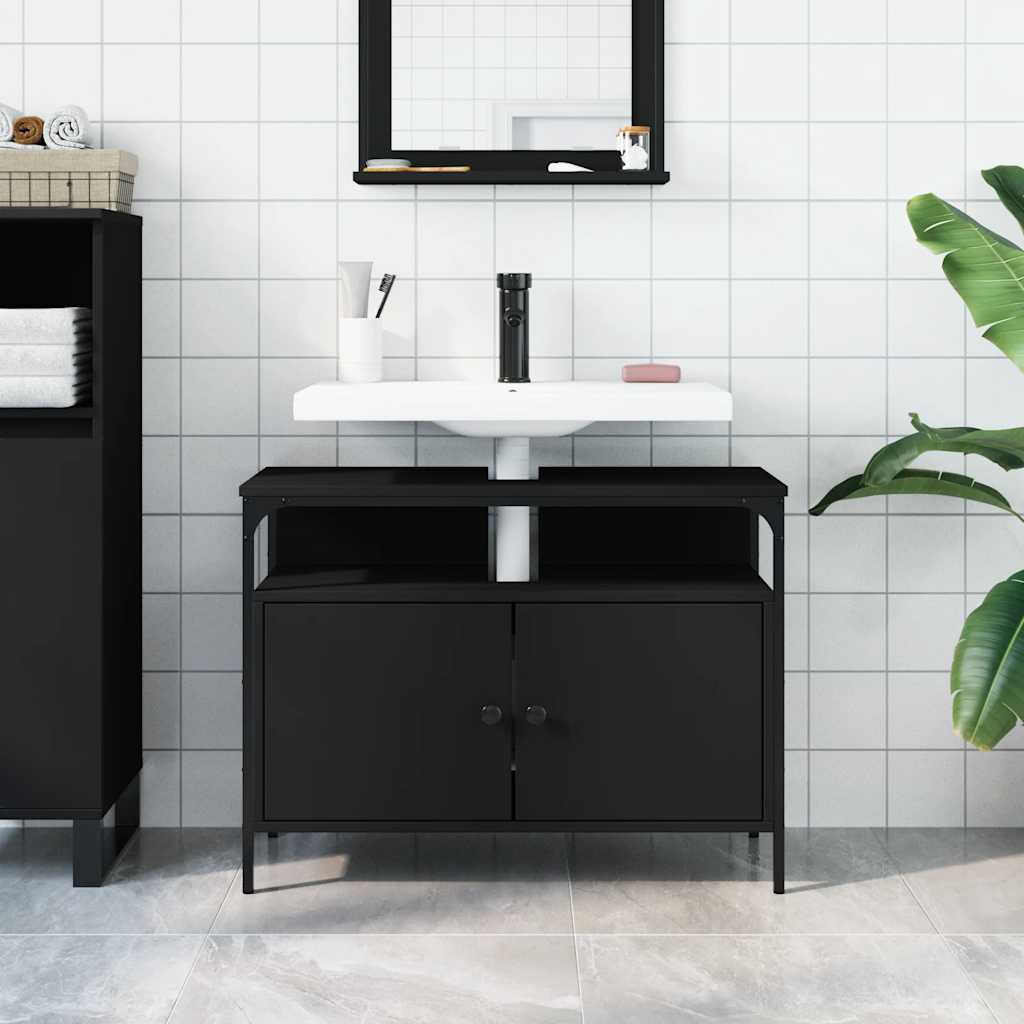 Armario para lavabo de baño madera ingeniería negro 80x30x60 cm