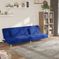2-seater sofa bed with two blue fabric pillows