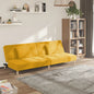 2-seater sofa bed with two blue fabric pillows