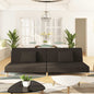 2-seater sofa bed with two blue fabric pillows