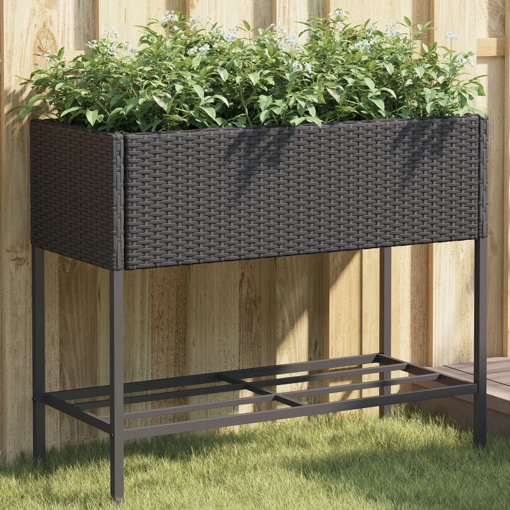 Jardinera con 2 maceteros de ratán sintético gris 90x20x40 cm