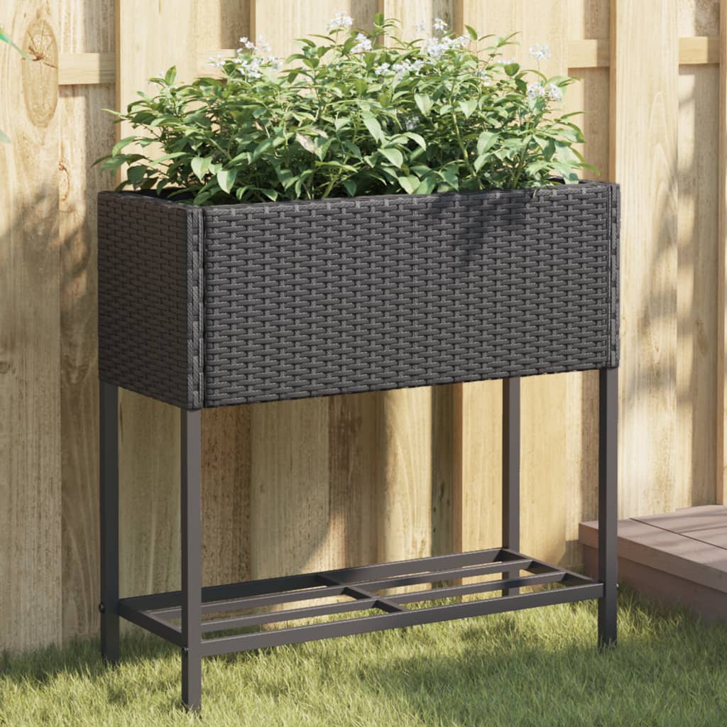 Jardinera con 2 maceteros de ratán sintético gris 90x20x40 cm