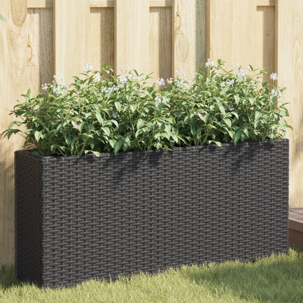 Jardinera con 2 maceteros de ratán sintético gris 90x20x40 cm