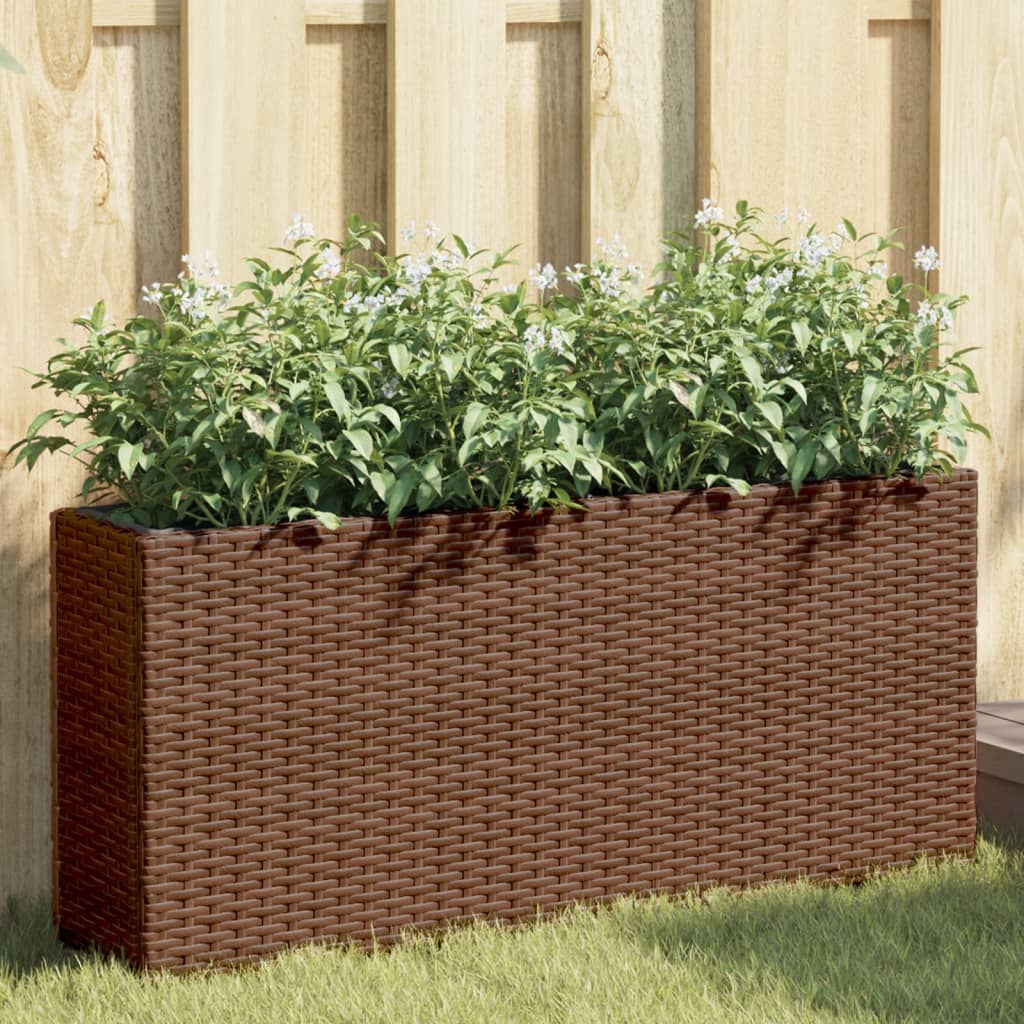 Jardinera con 2 maceteros de ratán sintético gris 90x20x40 cm