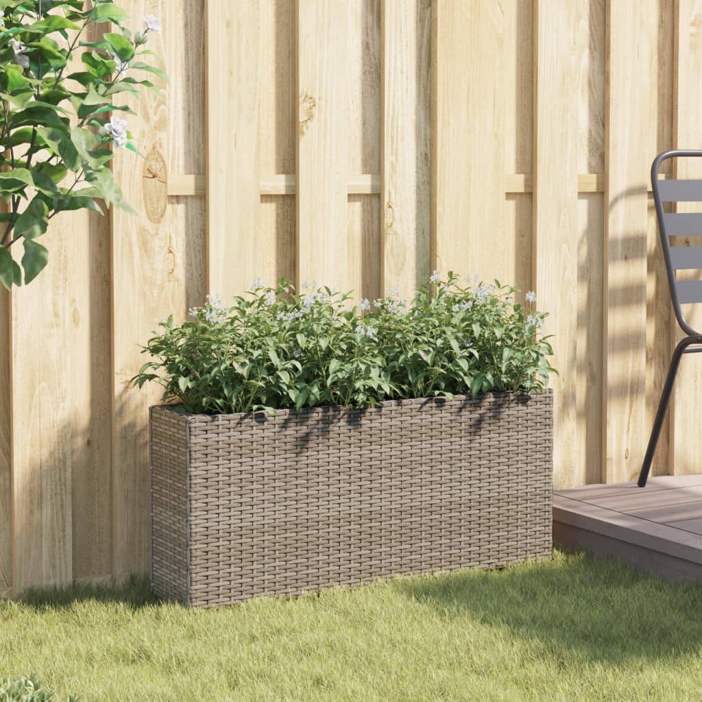 Jardinera con 2 maceteros de ratán sintético gris 90x20x40 cm