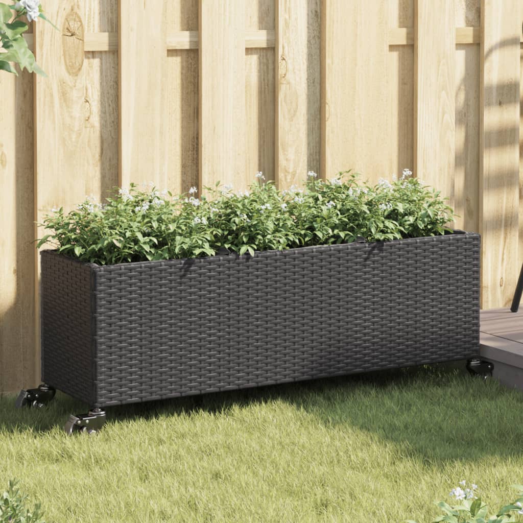 Jardinera con 2 maceteros de ratán sintético gris 90x20x40 cm