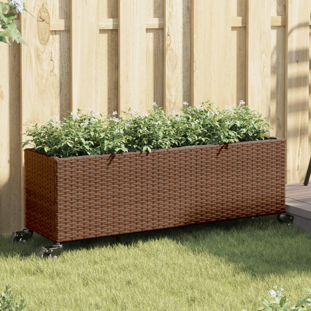 Jardinera con 2 maceteros de ratán sintético gris 90x20x40 cm