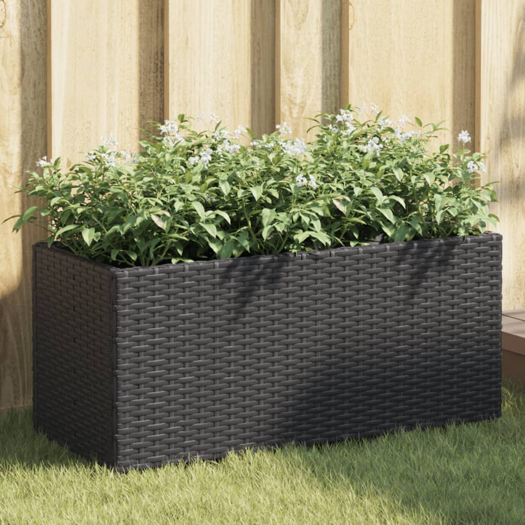 Jardinera con 2 maceteros de ratán sintético gris 90x20x40 cm