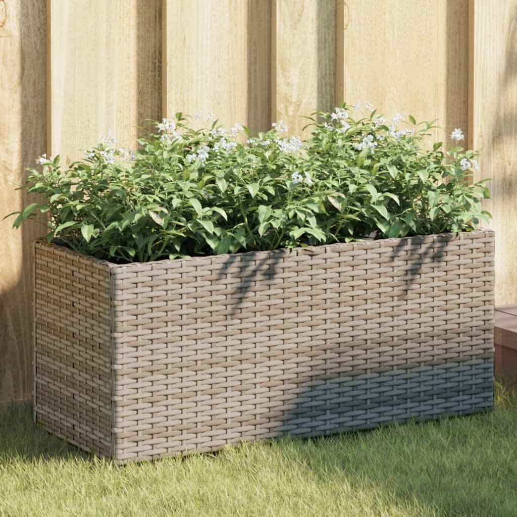 Jardinera con 2 maceteros de ratán sintético gris 90x20x40 cm