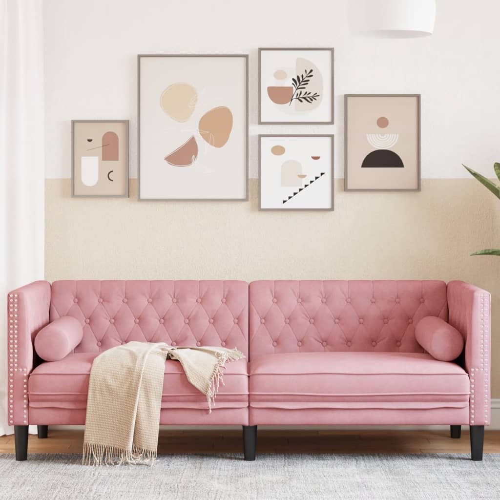 Chesterfield 3-seater sofa with yellow velvet cushions