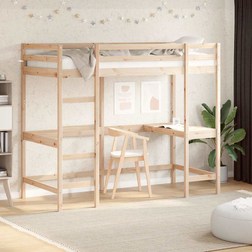 Cama alta com secretária de madeira maciça de pinho 100x200 cm