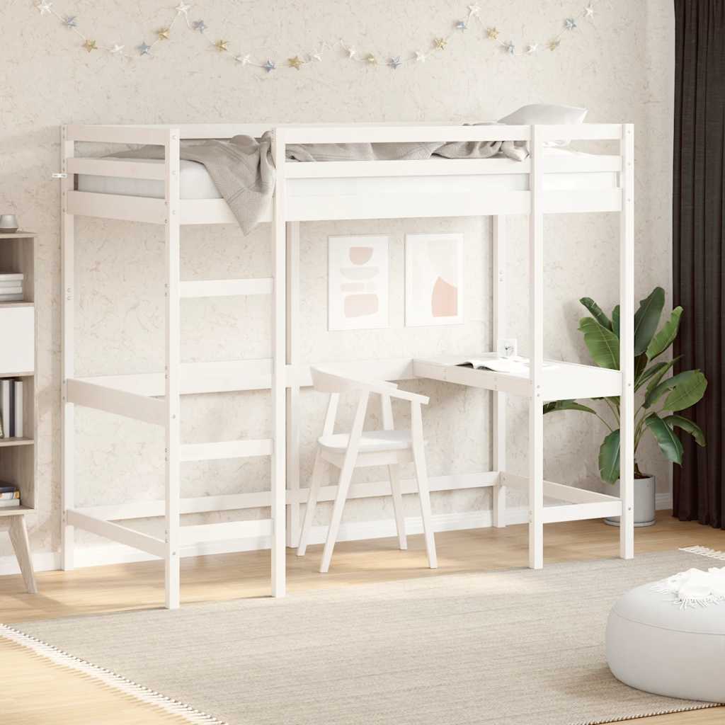 Cama alta com secretária de madeira maciça de pinho 100x200 cm