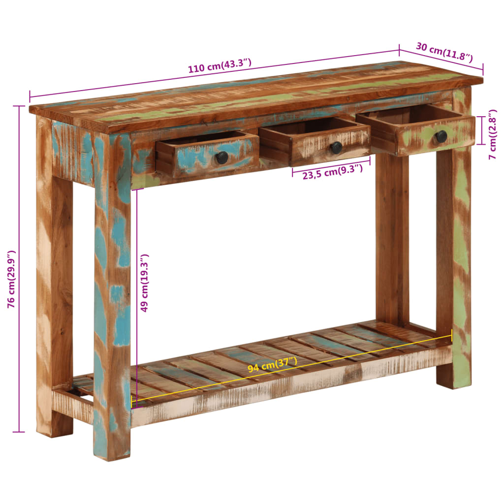 Mesa consola madera maciza reciclada 110x30x76 cm