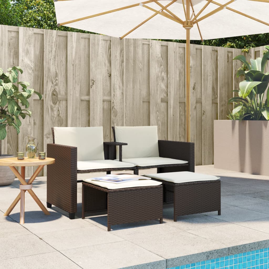 Sofá de jardín 2 plazas con mesa y taburetes ratán PE marrón