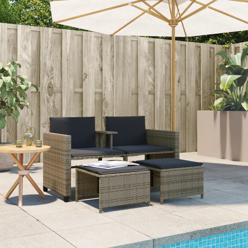 Sofá de jardín 2 plazas con mesa y taburetes ratán PE gris