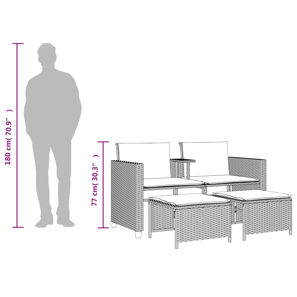 Sofá de jardín 2 plazas con mesa y taburetes ratán PE gris