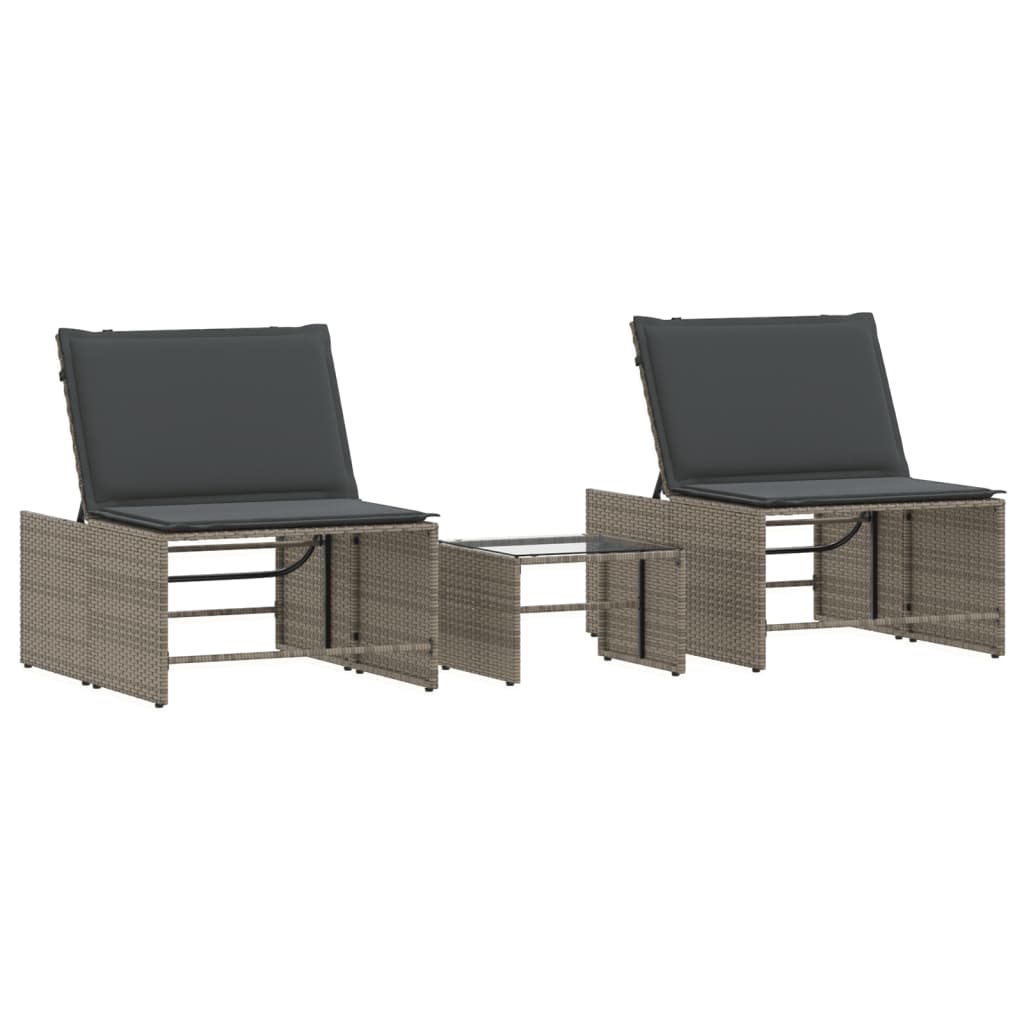 Tumbonas 2 piezas con mesa de ratán sintético gris