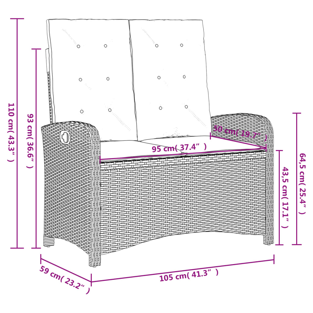 Brown synthetic rattan garden reclining armchair with cushions