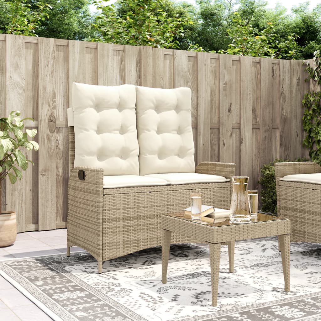 Reclining garden armchair with cushions in beige synthetic rattan