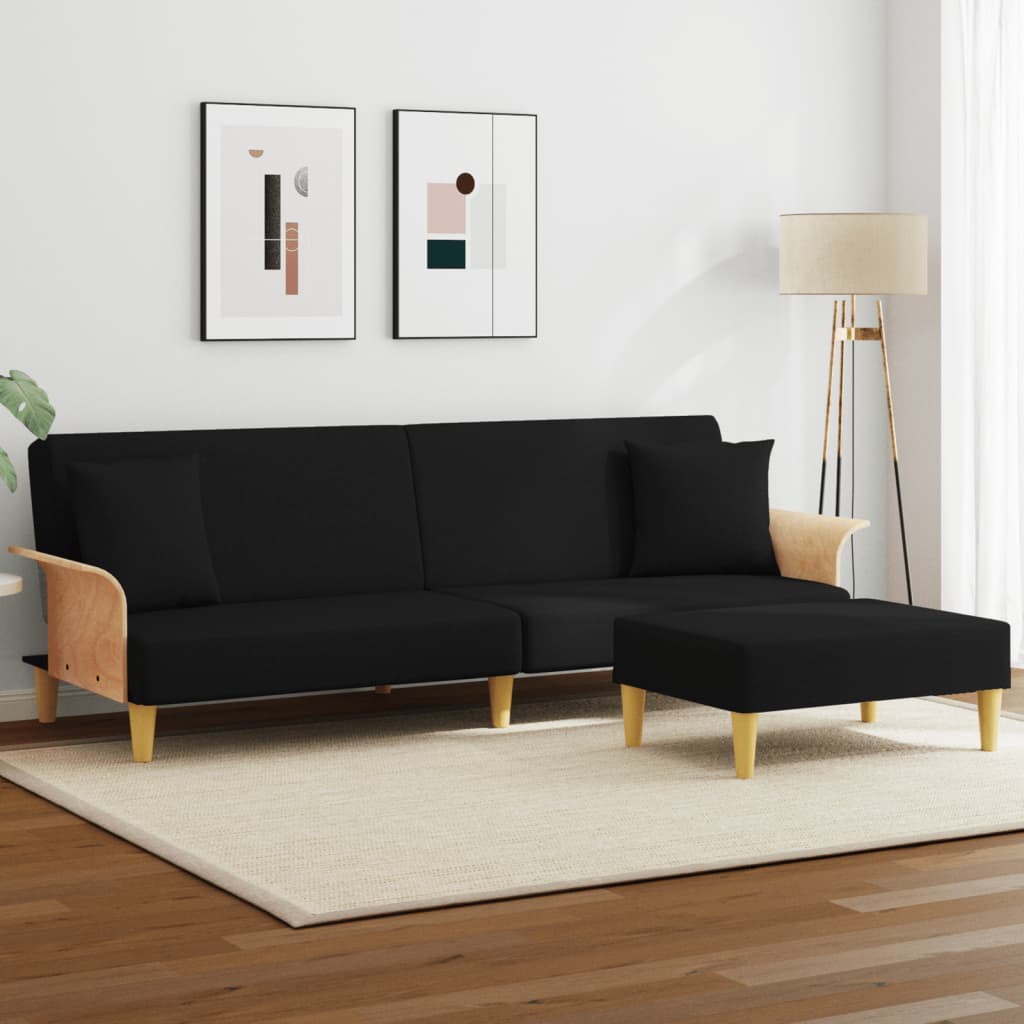 Sofá cama 2 plazas con almohadas taburete terciopelo gris claro