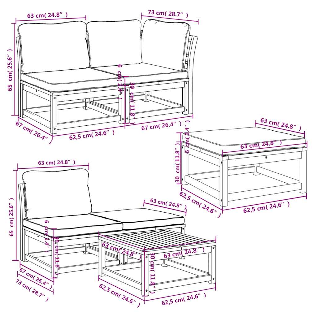 Juego de muebles jardín 6 pzas con cojines madera maciza acacia