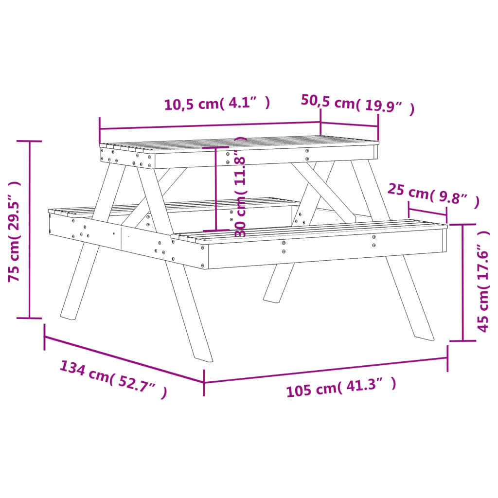 Mesa de pícnic madera maciza de pino 105x134x75 cm