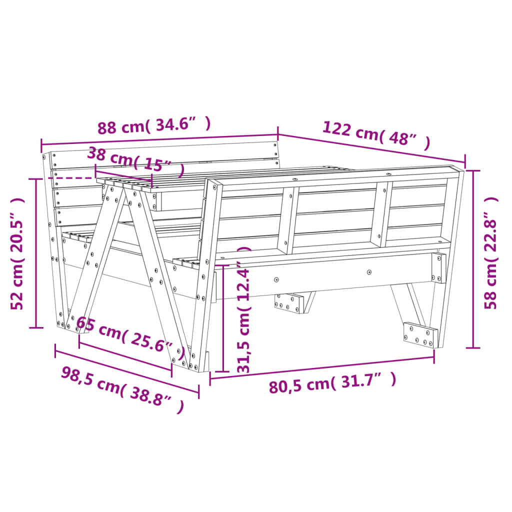 Mesa de pícnic para niños madera maciza de pino 88x122x58 cm