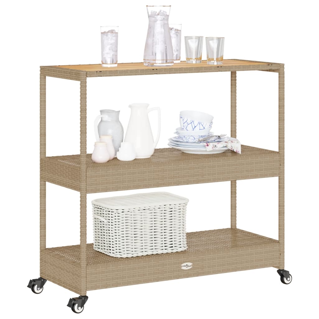 Carrito de bar 3 niveles ratán PE y madera maciza acacia beige