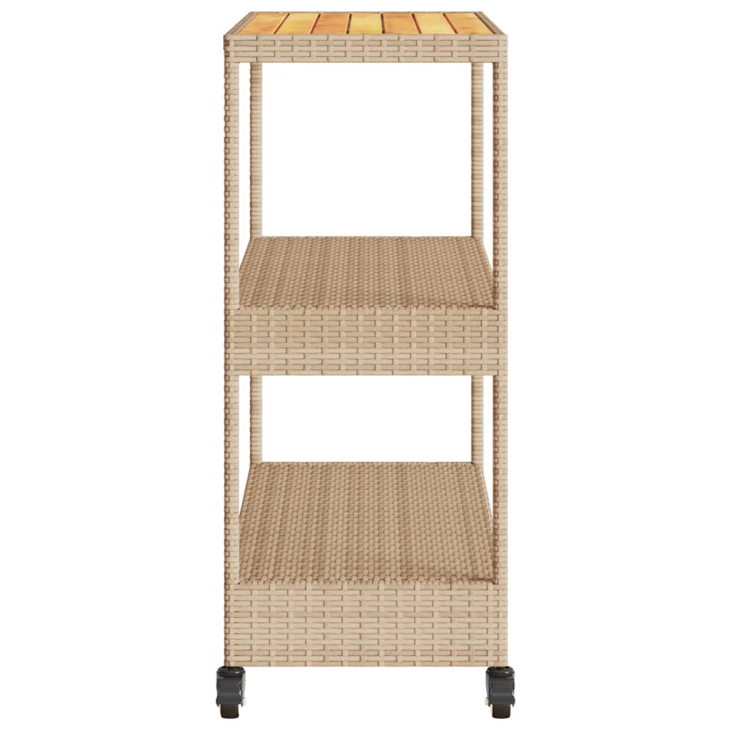 Carrito de bar 3 niveles ratán PE y madera maciza acacia beige