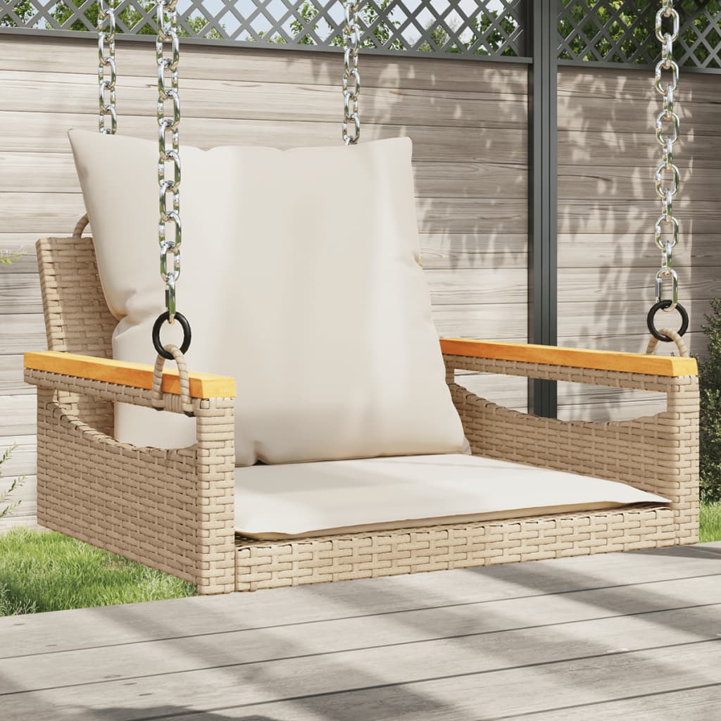 Banco columpio con cojines ratán sintético beige 109x62x40 cm