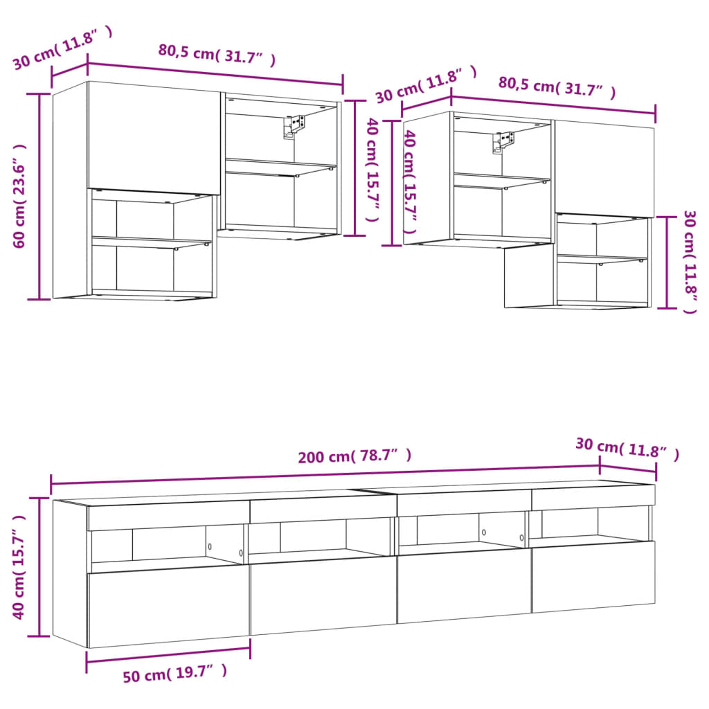 Mueble de pared de TV con luces LED 6 piezas blanco