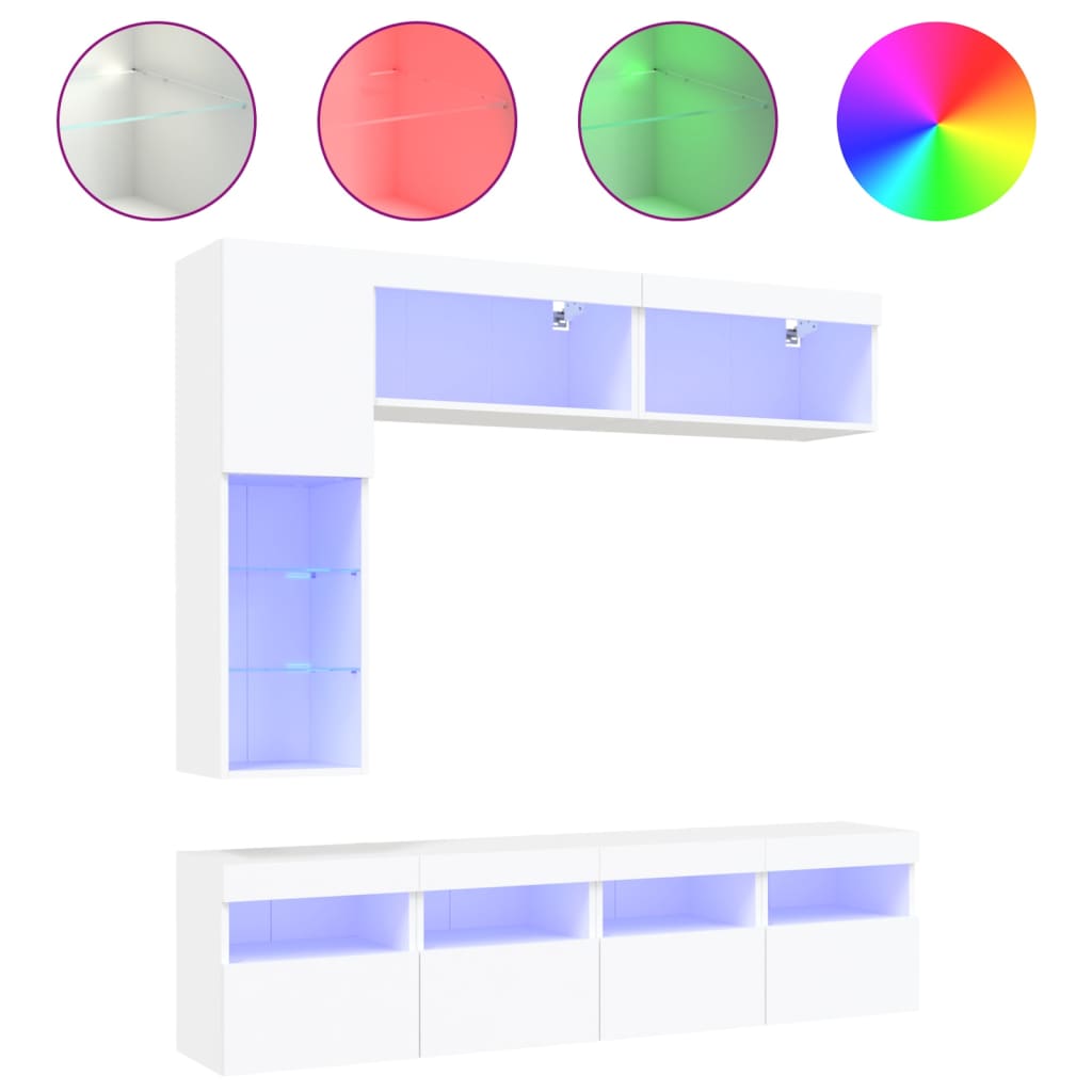 Mueble de pared de TV con luces LED 7 piezas blanco