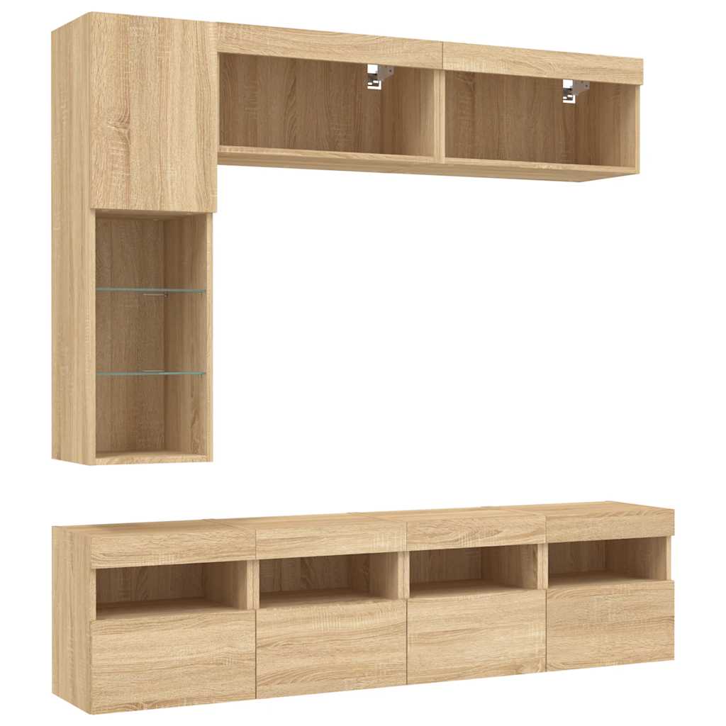 Muebles de TV de pared con luces LED 7 piezas roble sonoma