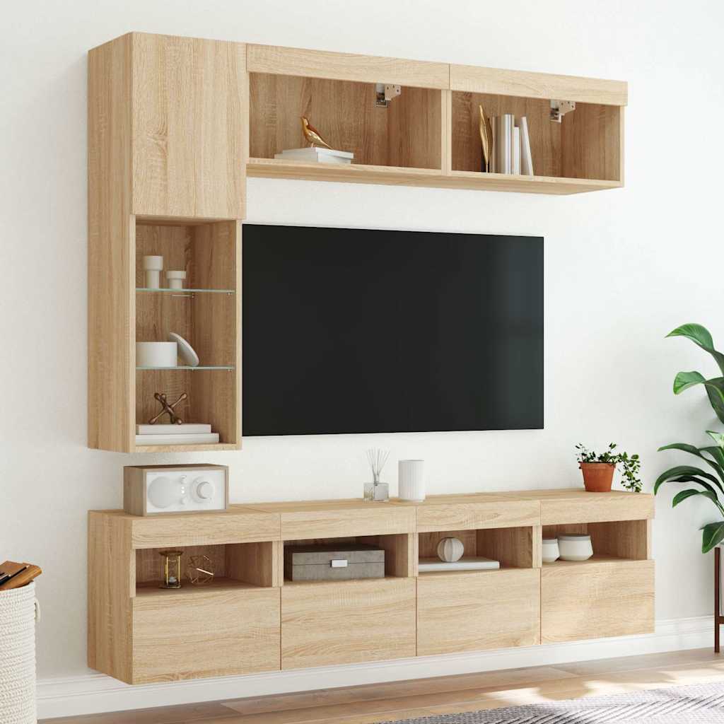 Muebles de TV de pared con luces LED 7 piezas roble sonoma