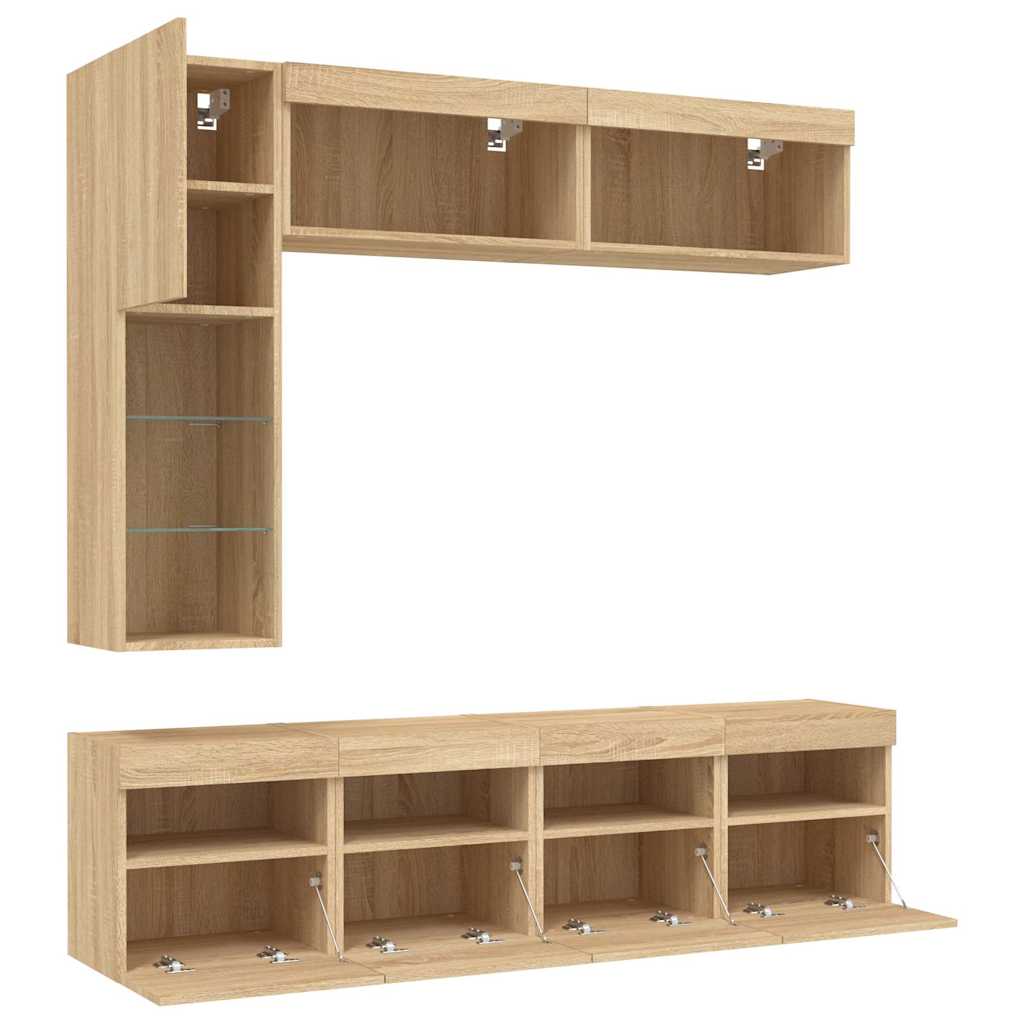 Muebles de TV de pared con luces LED 7 piezas roble sonoma