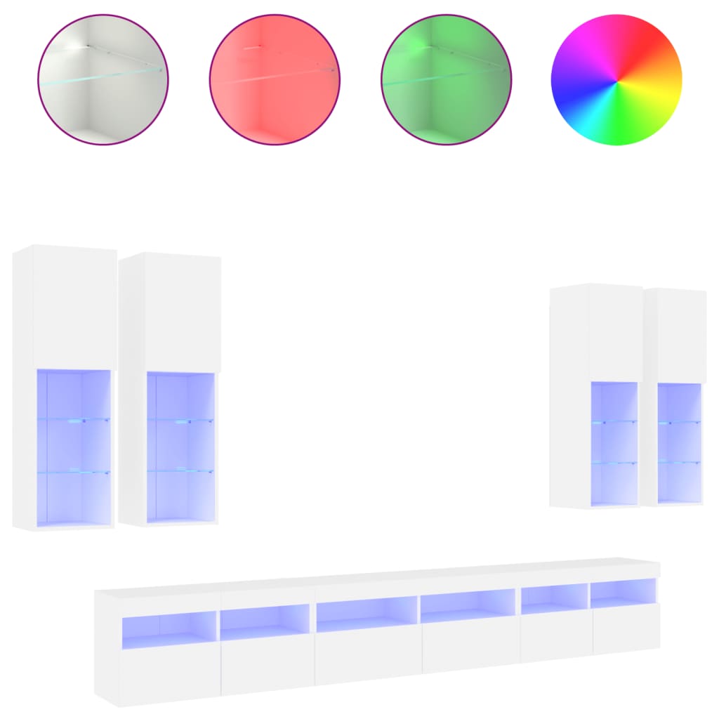 Mueble de pared de TV con luces LED 7 piezas blanco