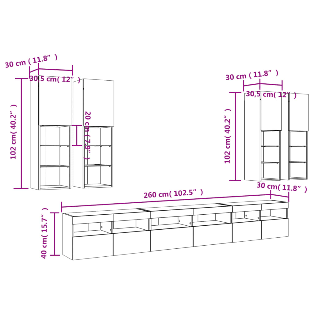 Mueble de pared de TV con luces LED 7 piezas blanco