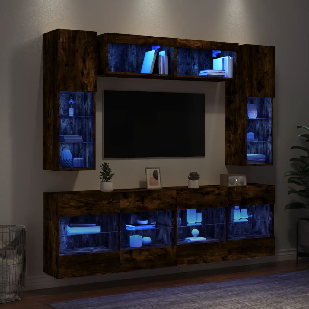 Mueble de pared de TV con luces LED 7 piezas blanco