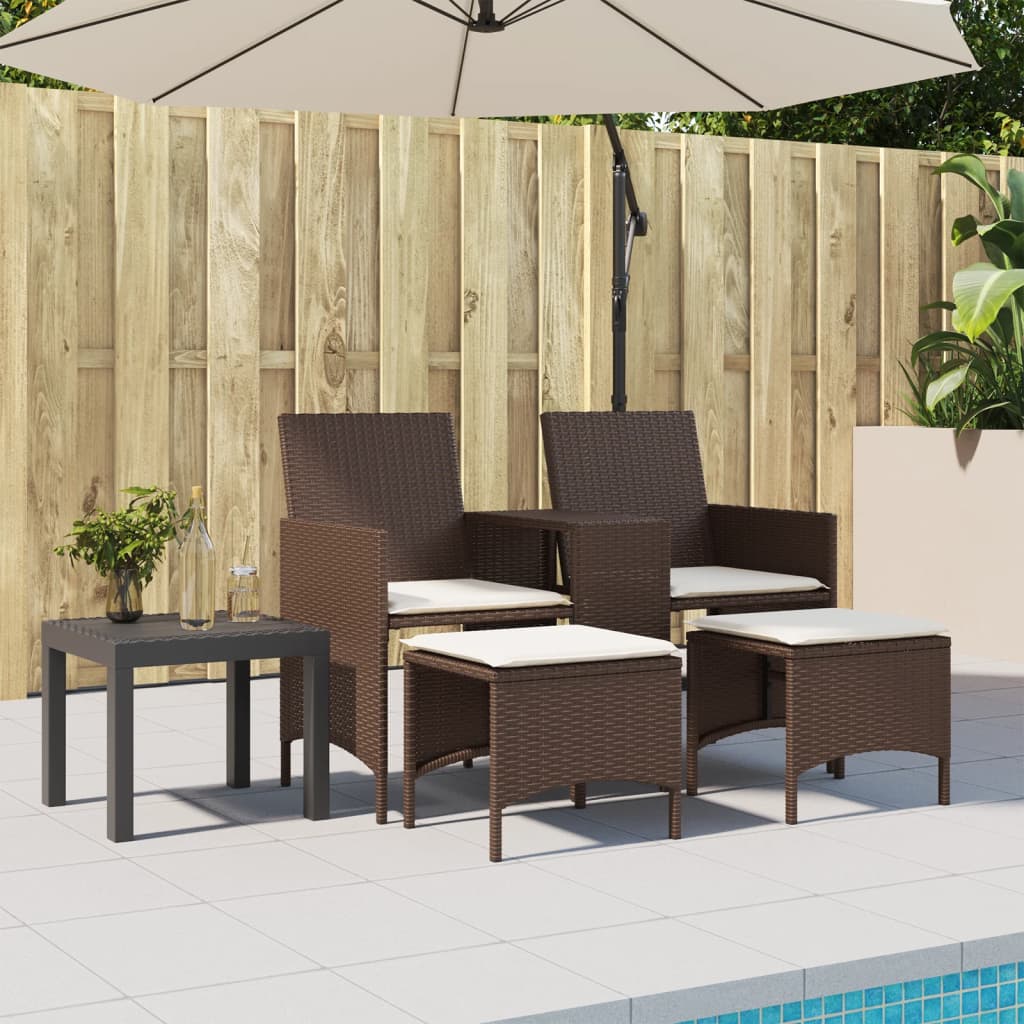 Sofá de jardín 2 plazas con mesa y taburetes ratán PE marrón