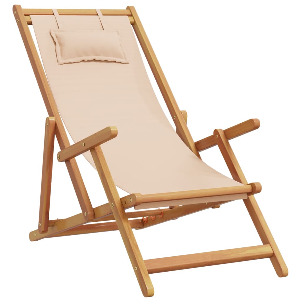 Silla de playa plegable madera maciza de eucalipto y tela beige