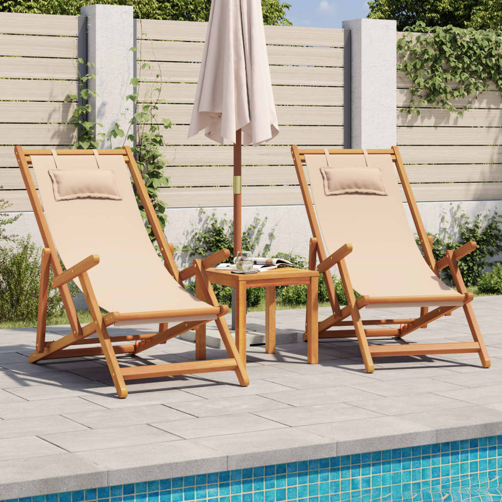 Silla de playa plegable madera maciza de eucalipto y tela beige