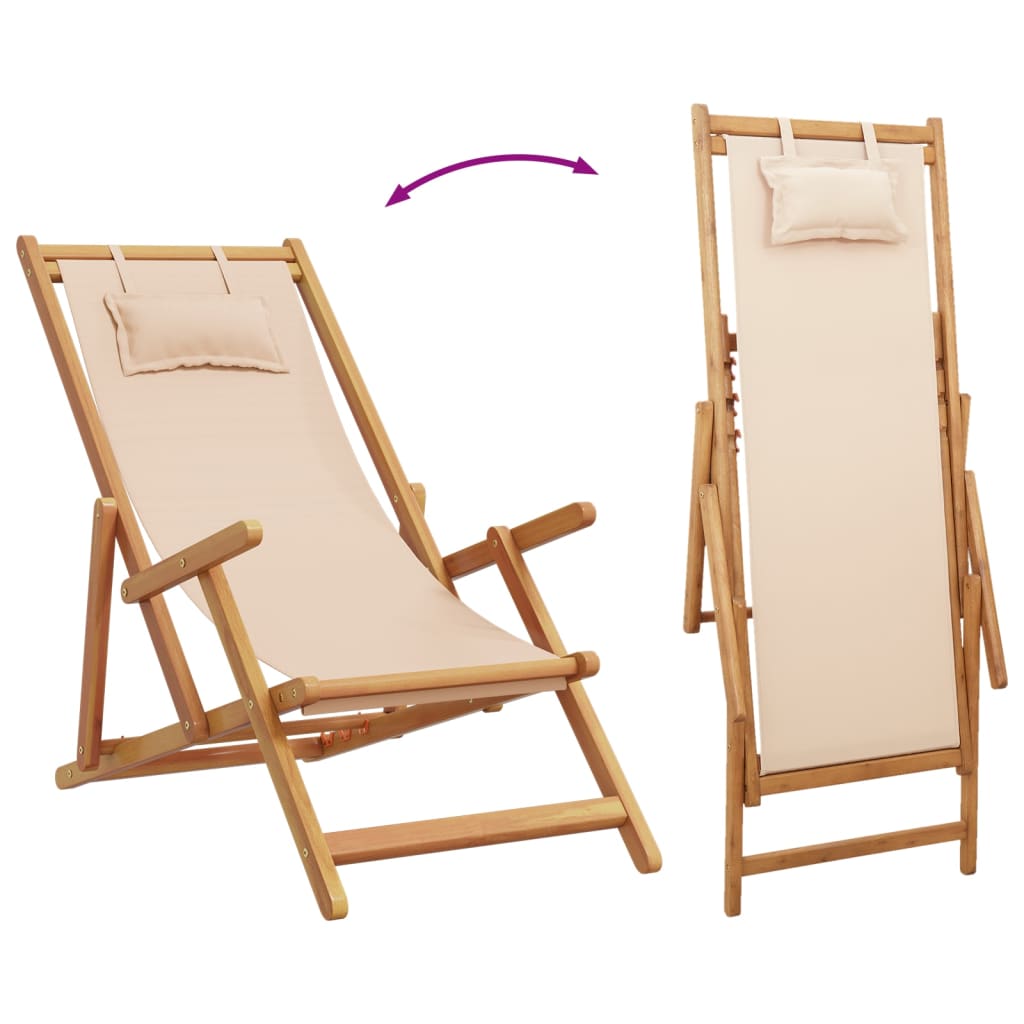 Silla de playa plegable madera maciza de eucalipto y tela beige