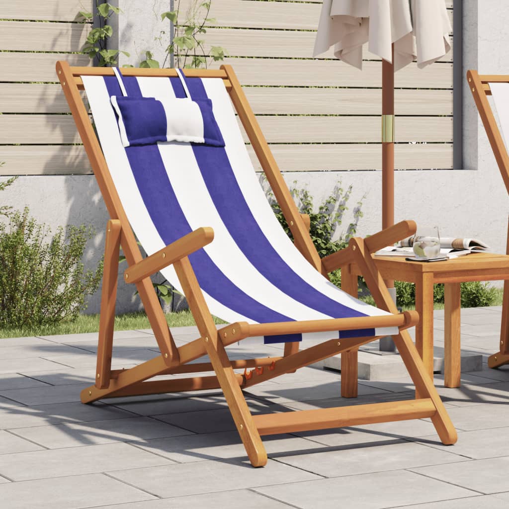 Silla de playa plegable madera maciza de eucalipto y tela beige