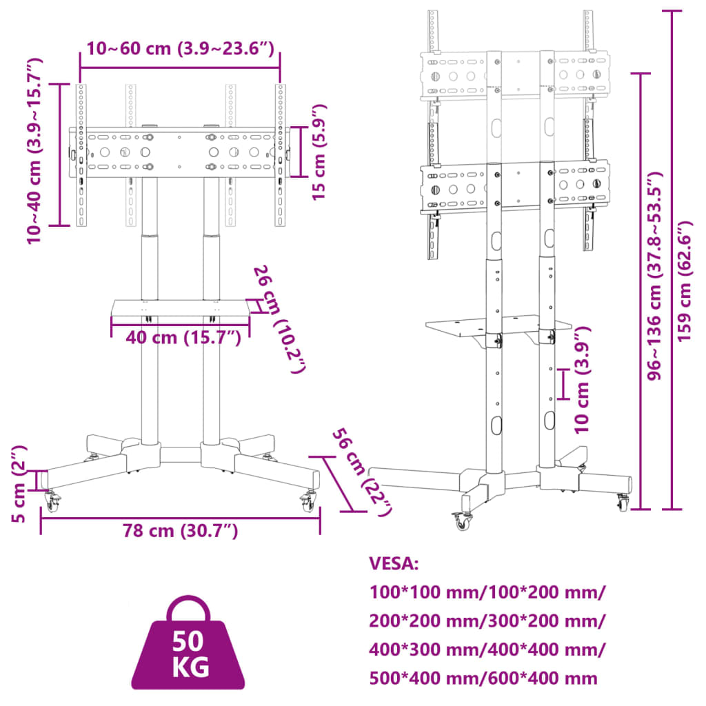 Soporte TV con ruedas pantalla 32-70'' Max VESA 600x400mm 50kg