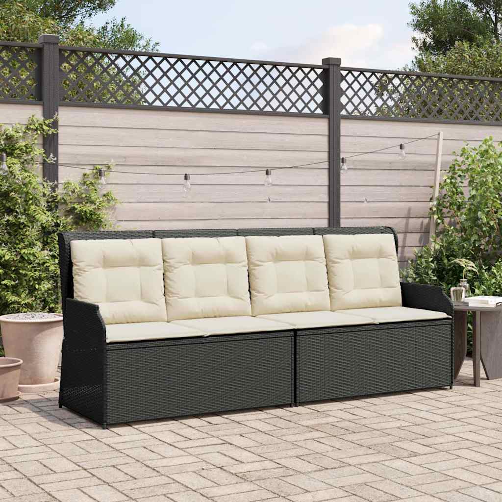 Sillón reclinable de jardín con cojines ratán sintético negro