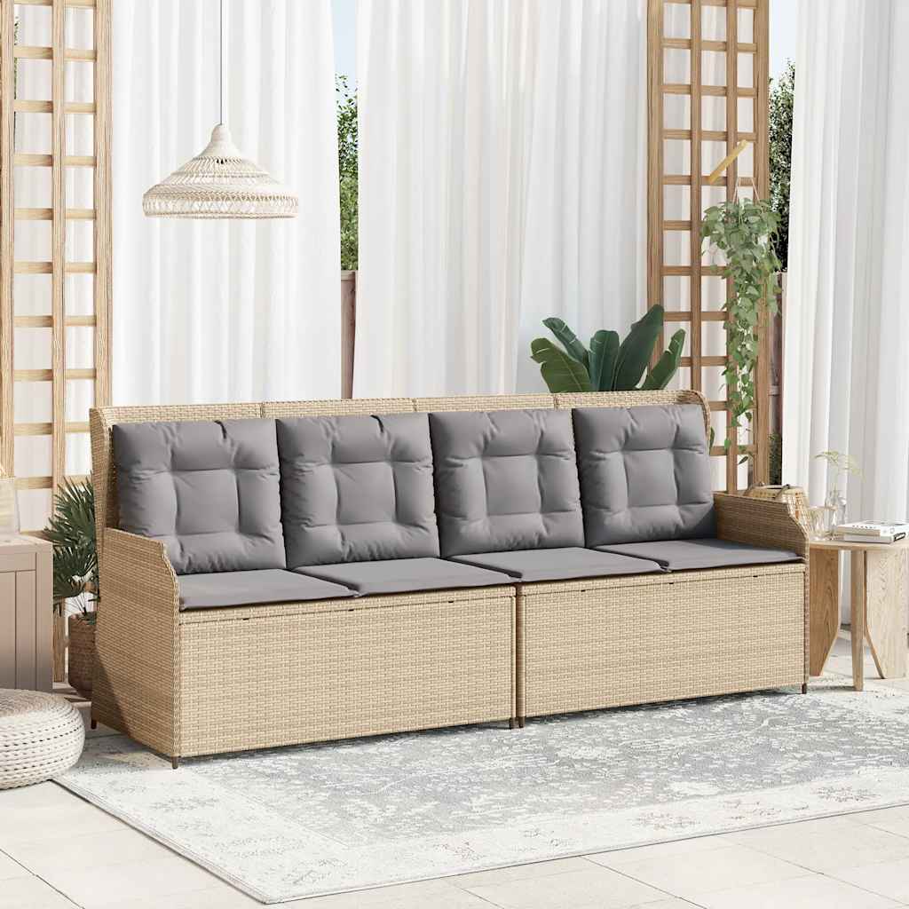 Sillón reclinable de jardín con cojines ratán sintético beige