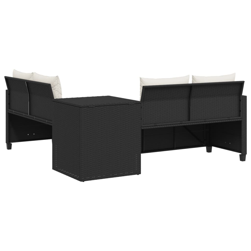 Sofá de jardín en forma de L con mesa y cojines ratán PE negro