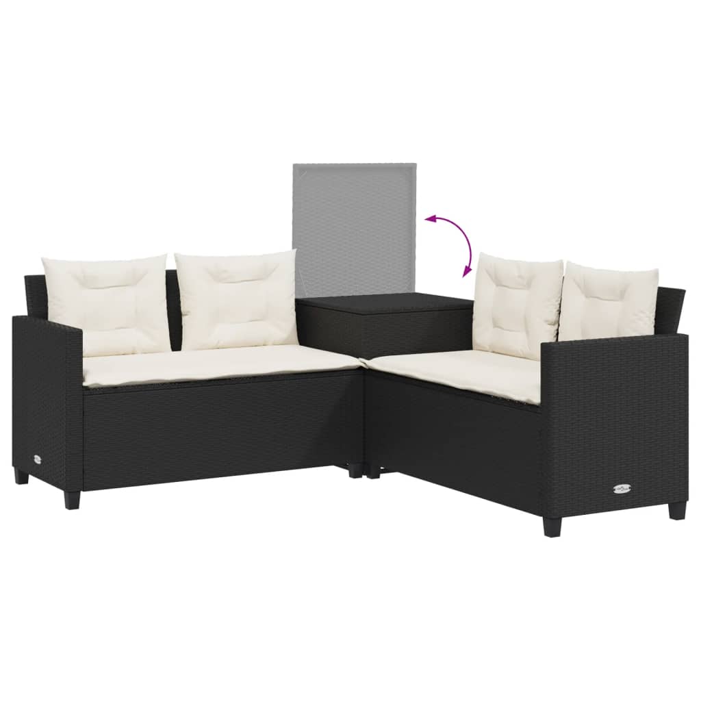 Sofá de jardín en forma de L con mesa y cojines ratán PE negro