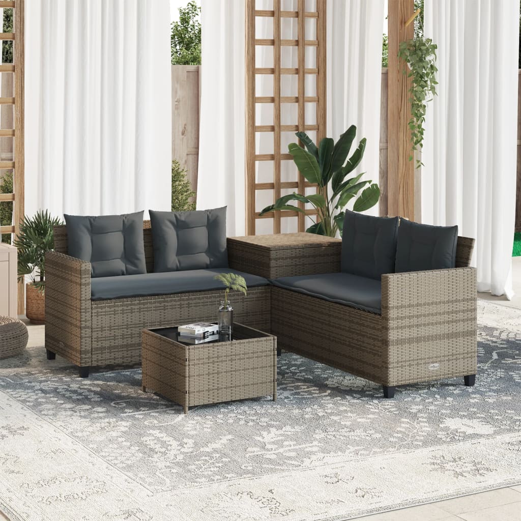 Sofá de jardín en forma de L con mesa y cojines ratán PE gris